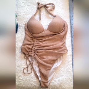 PrettyLittleThing one piece bathing suit Size 12 beige and gold sparkly